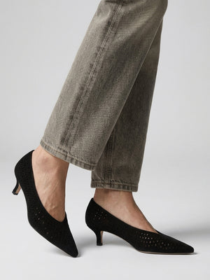 Skye Black Suede Perforated Kitten Heel Court Shoes
