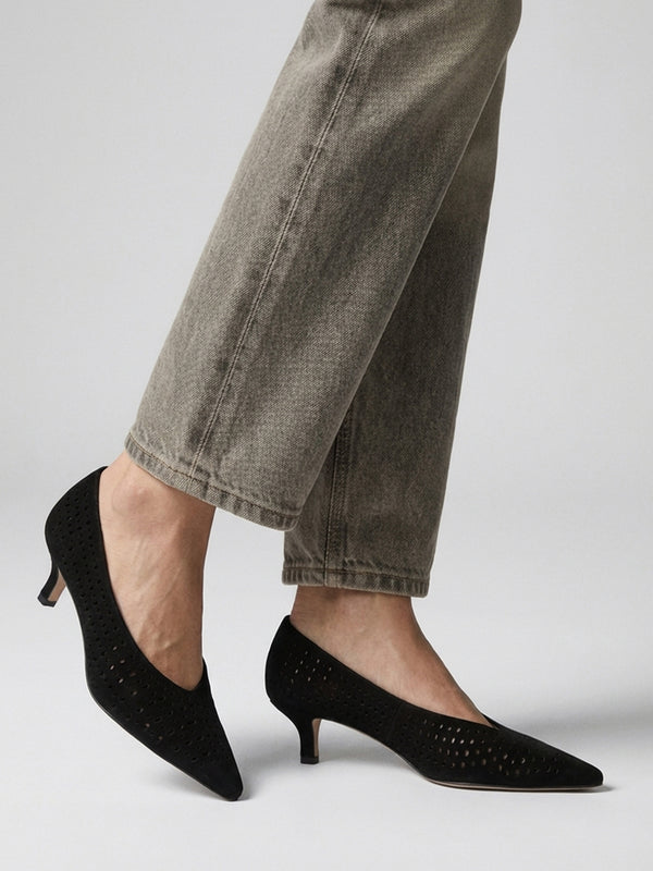 Skye Black Suede Perforated Kitten Heel Court Shoes