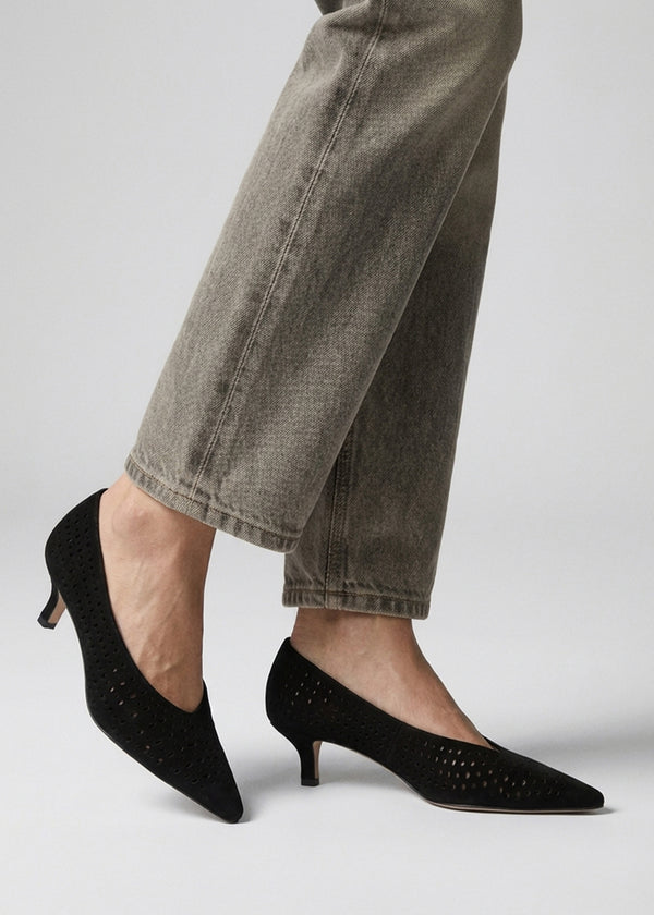 Skye Black Suede Perforated Kitten Heel Court Shoes