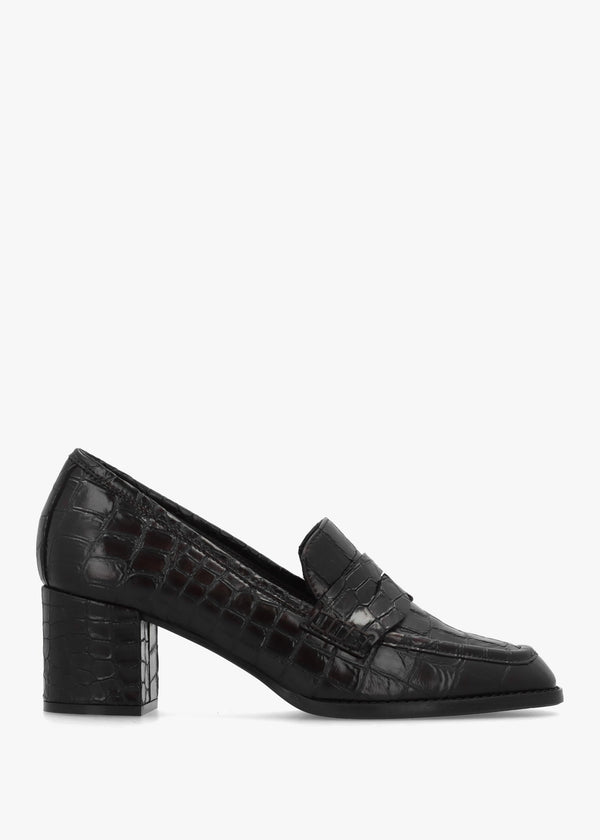 Brown Python Leather Block Heel Loafers