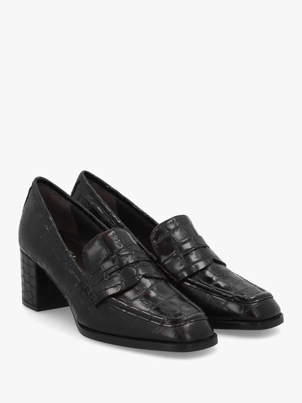 Brown Python Leather Block Heel Loafers