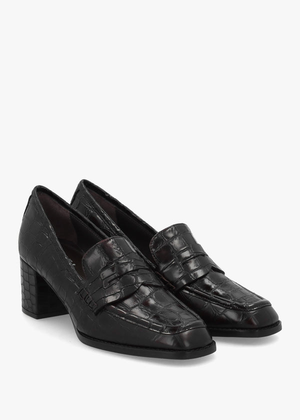 Brown Python Leather Block Heel Loafers
