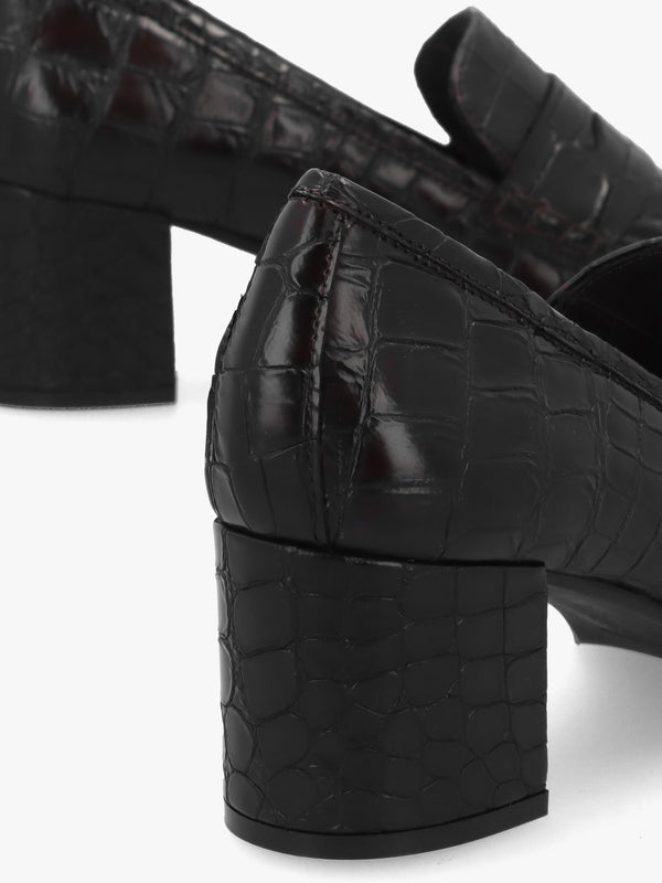 Brown Python Leather Block Heel Loafers