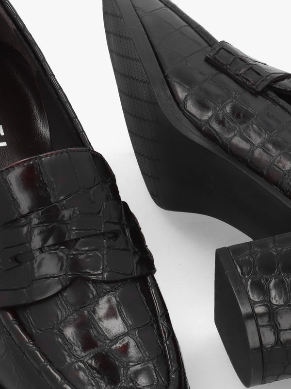 Brown Python Leather Block Heel Loafers