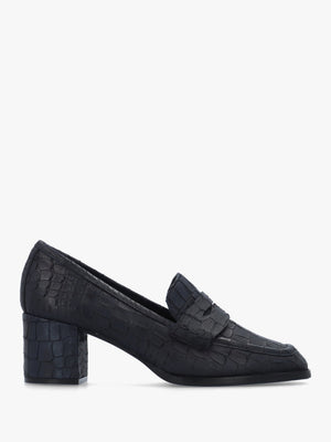 Dark Navy Python Leather Block Heel Loafers