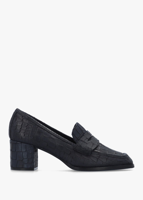 Dark Navy Python Leather Block Heel Loafers
