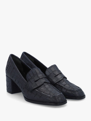 Dark Navy Python Leather Block Heel Loafers