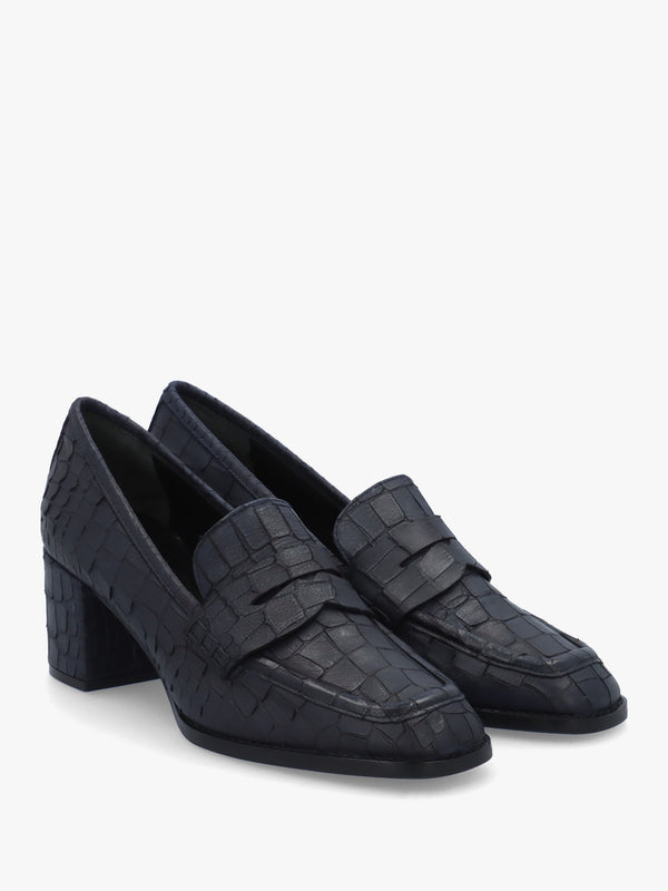 Dark Navy Python Leather Block Heel Loafers