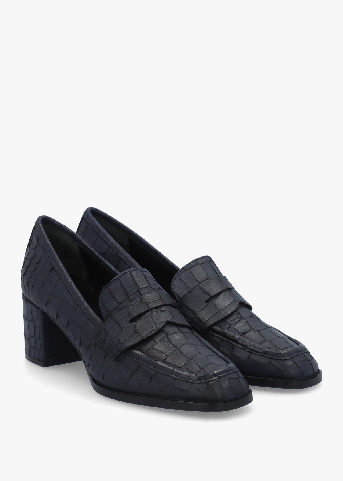 Dark Navy Python Leather Block Heel Loafers