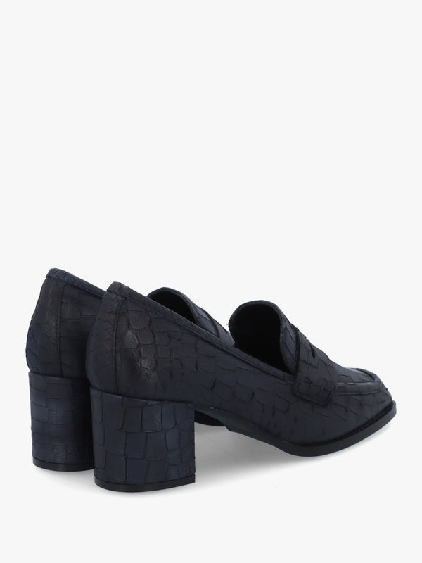 Dark Navy Python Leather Block Heel Loafers