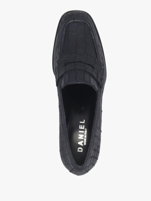 Dark Navy Python Leather Block Heel Loafers