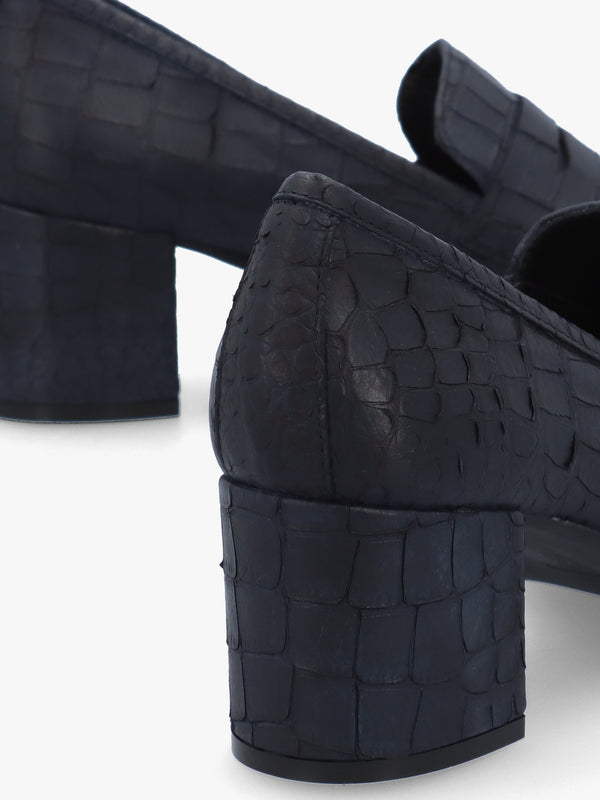 Dark Navy Python Leather Block Heel Loafers