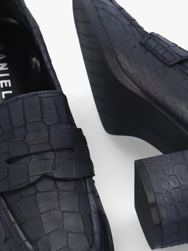 Dark Navy Python Leather Block Heel Loafers