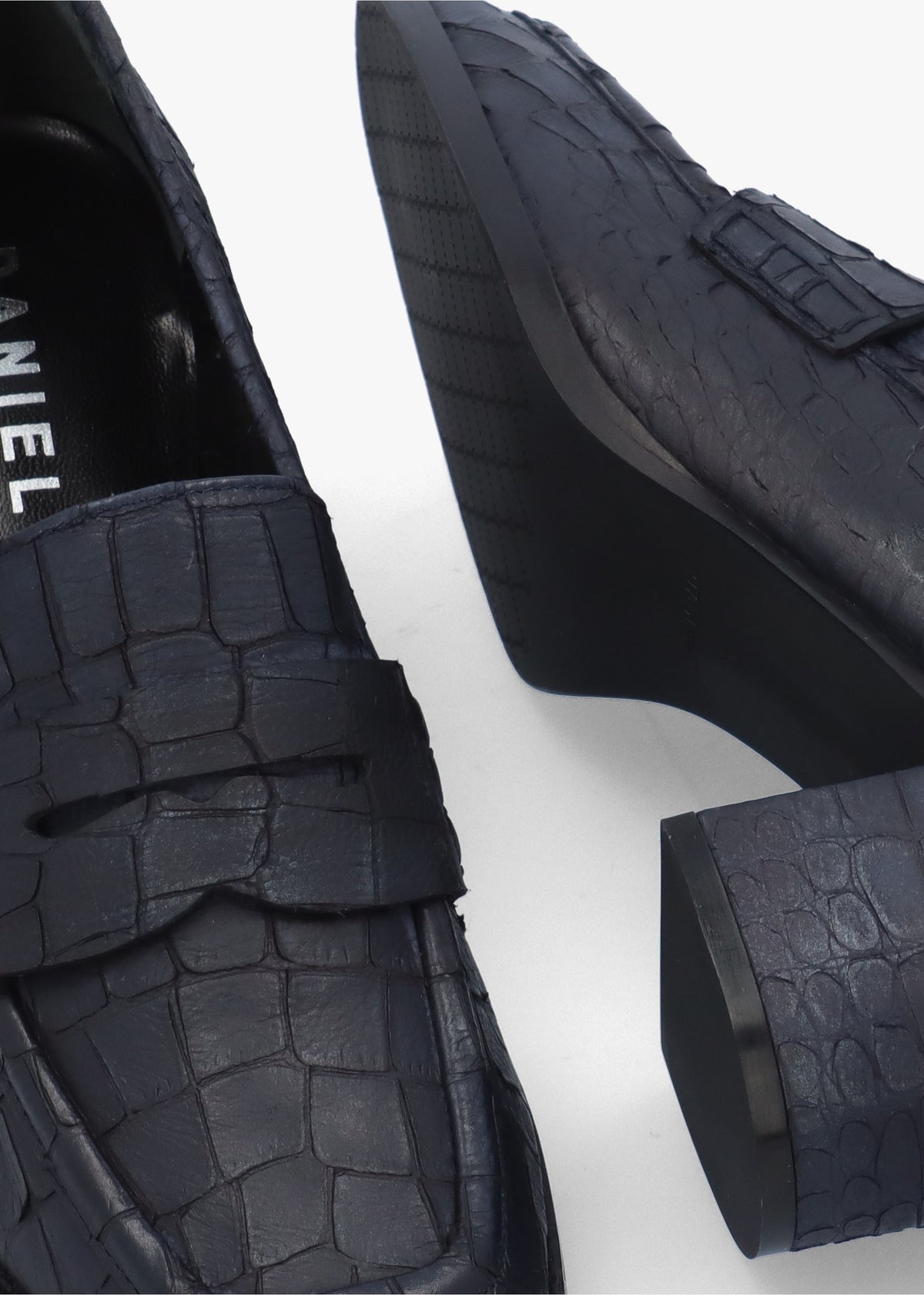 Dark Navy Python Leather Block Heel Loafers