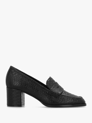 Dark Black Python Leather Block Heel Loafers