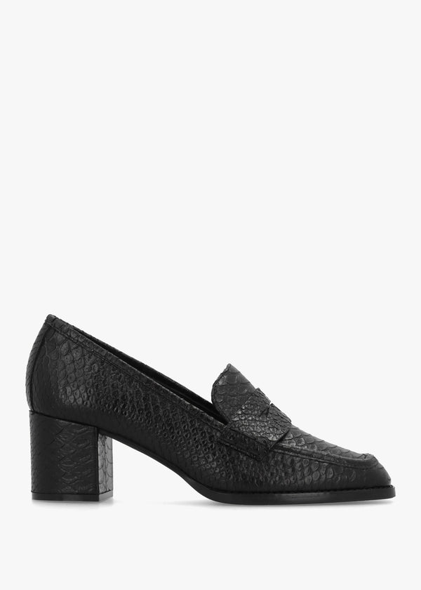 Dark Black Python Leather Block Heel Loafers