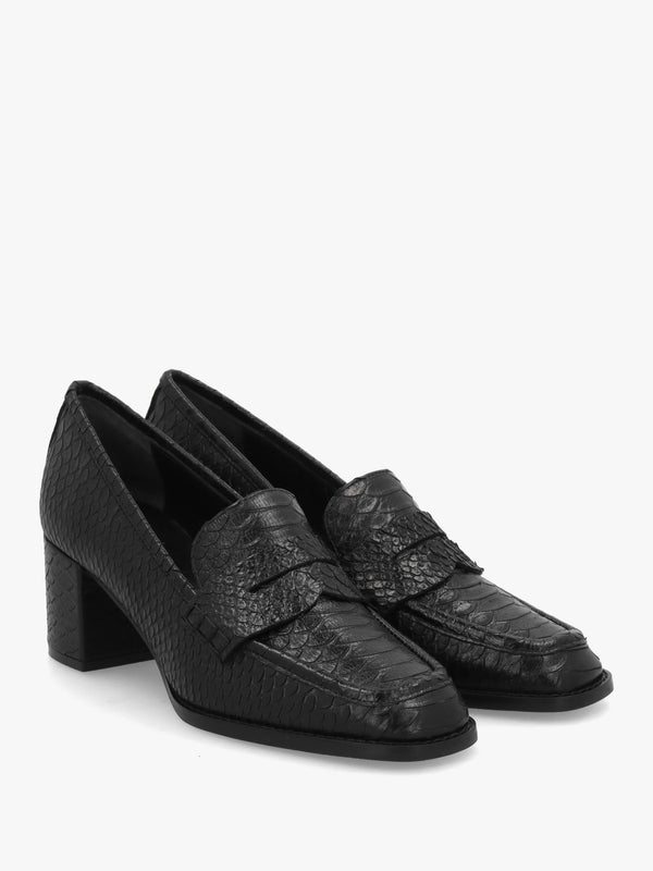 Dark Black Python Leather Block Heel Loafers