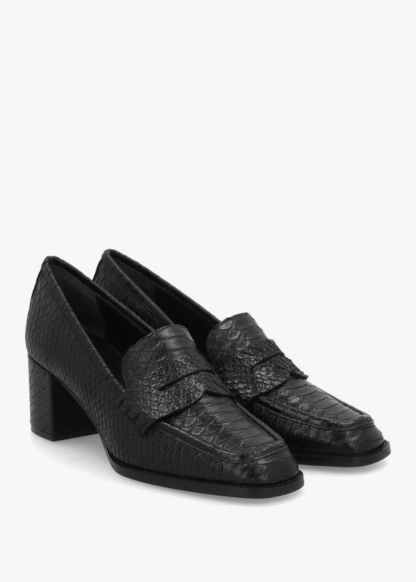 Dark Black Python Leather Block Heel Loafers