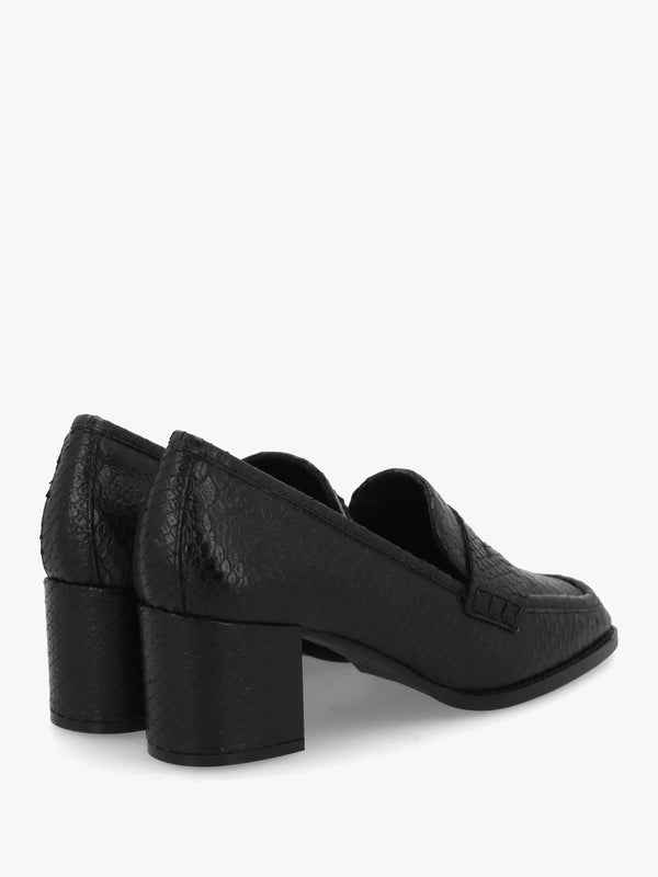 Dark Black Python Leather Block Heel Loafers
