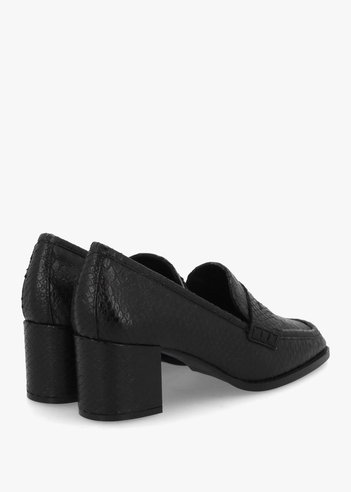 Dark Black Python Leather Block Heel Loafers