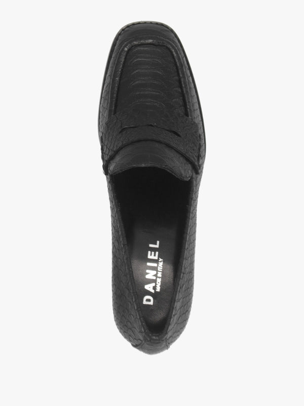 Dark Black Python Leather Block Heel Loafers