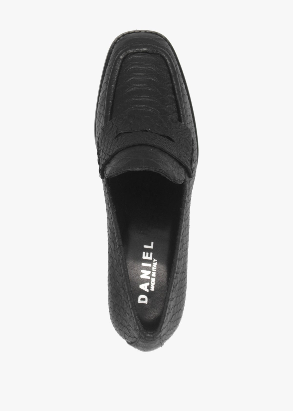 Dark Black Python Leather Block Heel Loafers