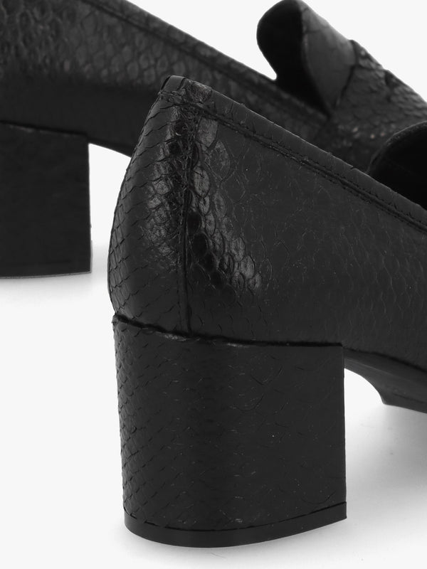 Dark Black Python Leather Block Heel Loafers