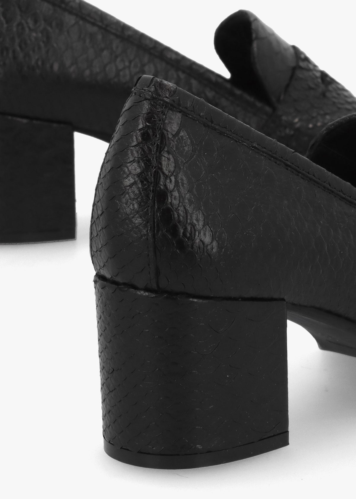 Dark Black Python Leather Block Heel Loafers