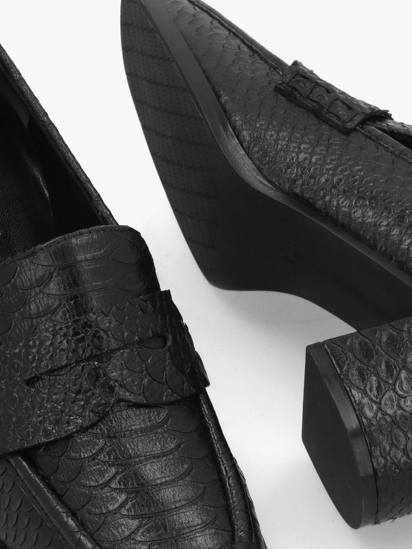Dark Black Python Leather Block Heel Loafers
