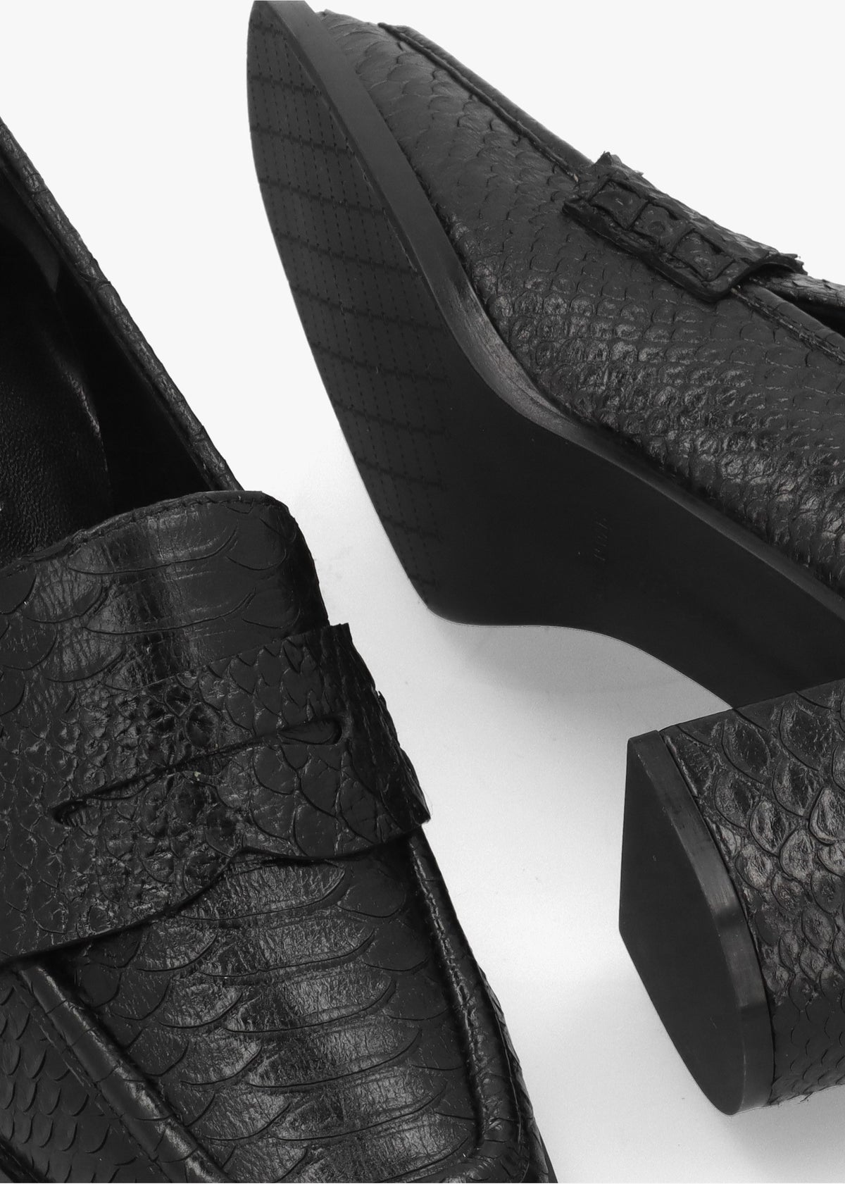 Dark Black Python Leather Block Heel Loafers