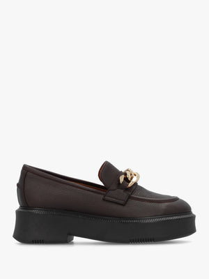 Brown Pebbled Leather Chunky Link Chain Loafers