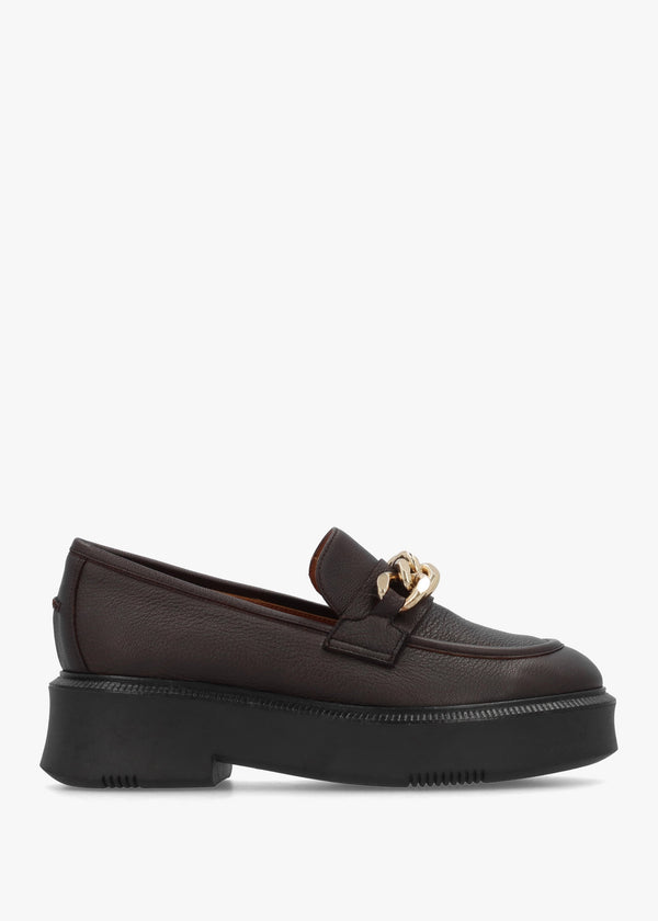 Brown Pebbled Leather Chunky Link Chain Loafers