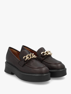 Brown Pebbled Leather Chunky Link Chain Loafers