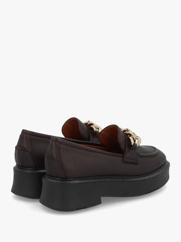 Brown Pebbled Leather Chunky Link Chain Loafers