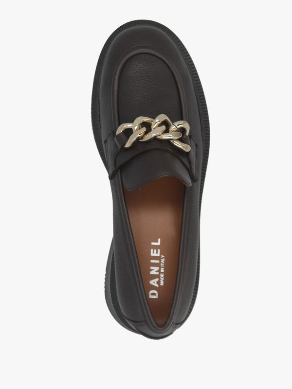 Brown Pebbled Leather Chunky Link Chain Loafers