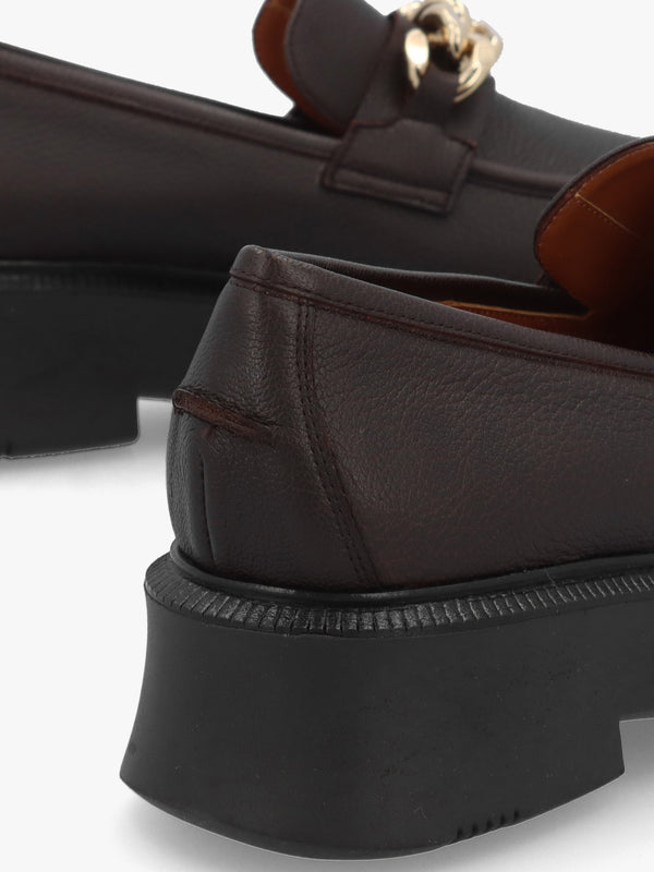 Brown Pebbled Leather Chunky Link Chain Loafers