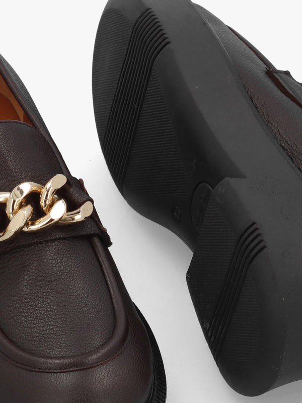 Brown Pebbled Leather Chunky Link Chain Loafers