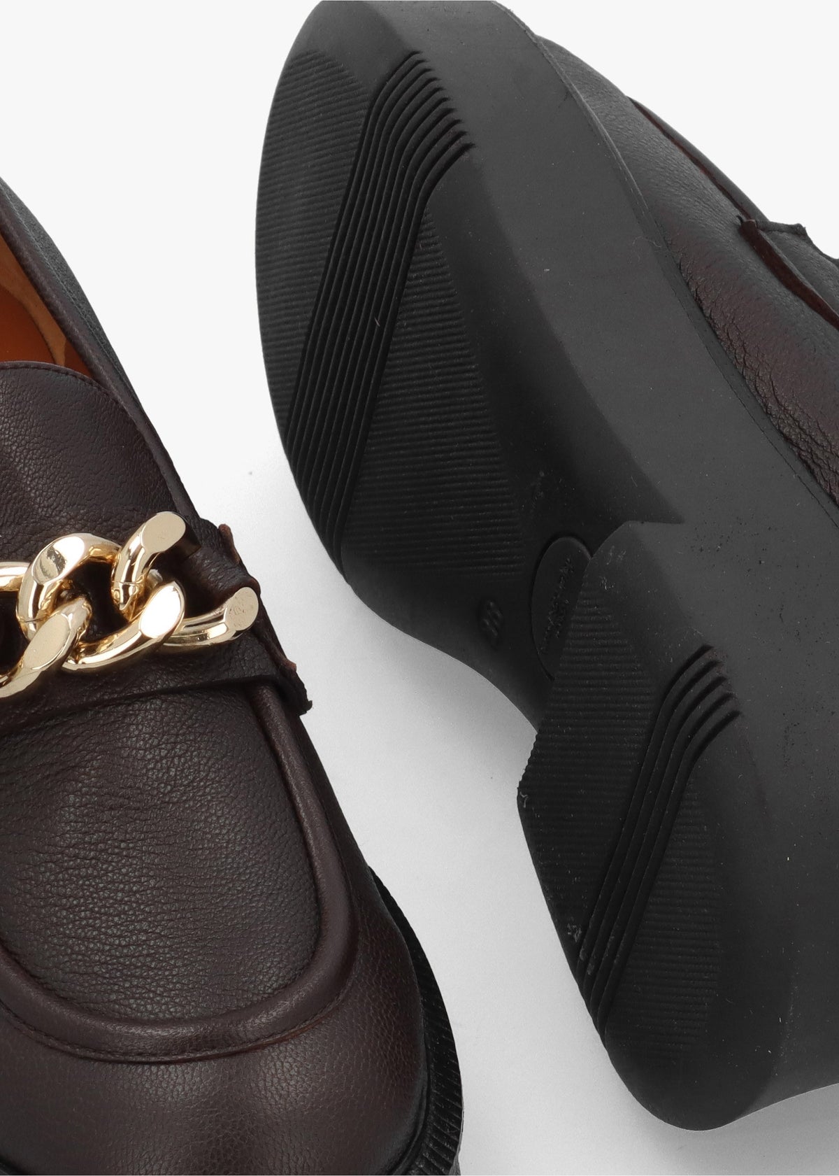 Brown Pebbled Leather Chunky Link Chain Loafers