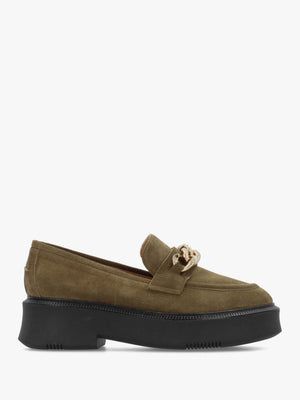 Khaki Suede Chunky Link Chain Loafers