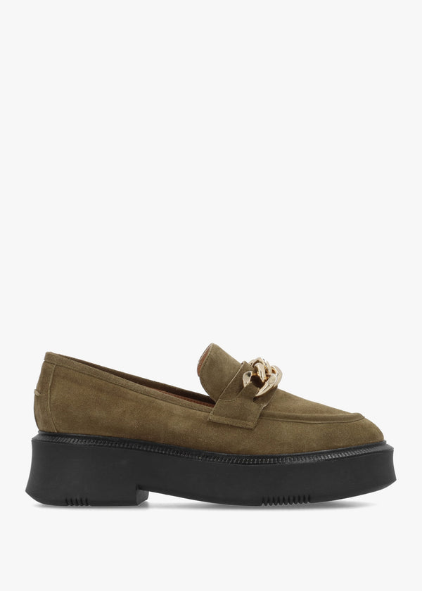 Khaki Suede Chunky Link Chain Loafers