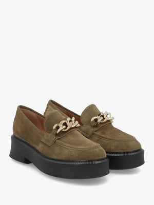 Khaki Suede Chunky Link Chain Loafers