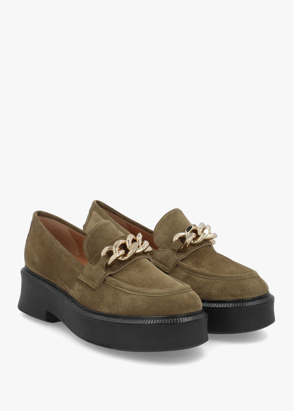 Khaki Suede Chunky Link Chain Loafers