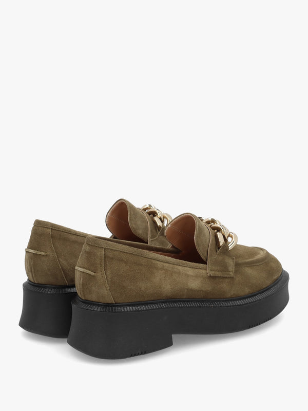 Khaki Suede Chunky Link Chain Loafers