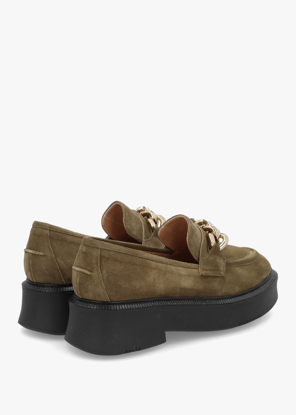 Khaki Suede Chunky Link Chain Loafers