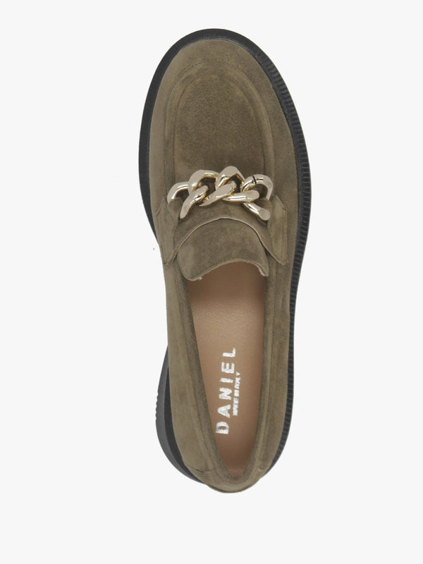 Khaki Suede Chunky Link Chain Loafers