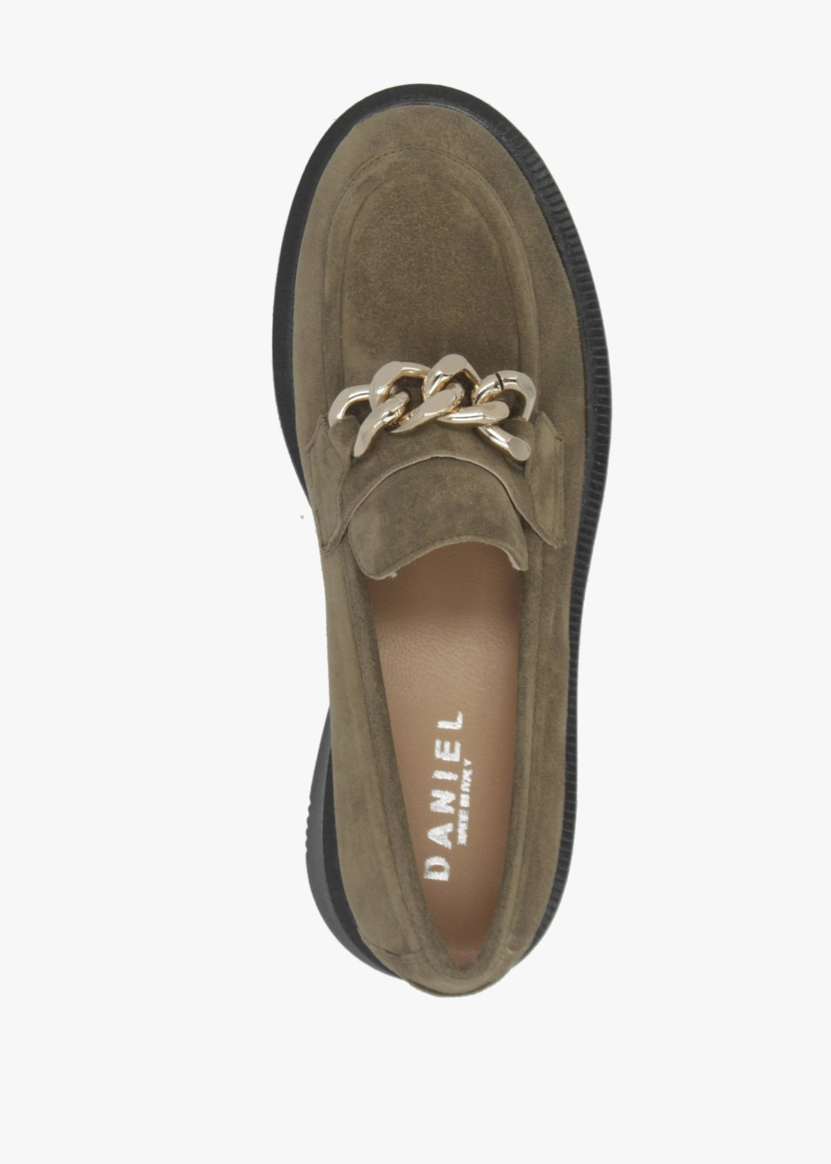 Khaki Suede Chunky Link Chain Loafers