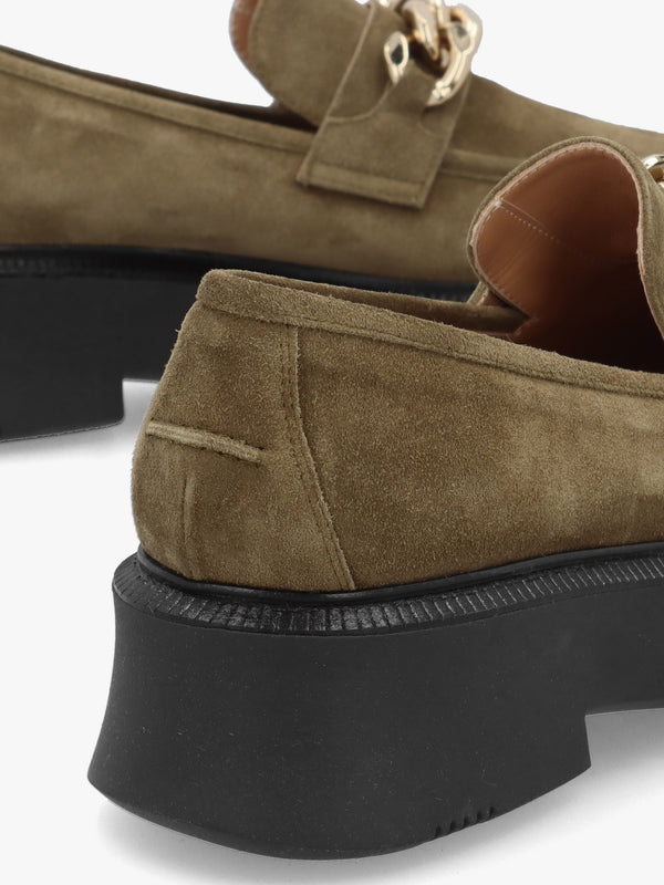Khaki Suede Chunky Link Chain Loafers