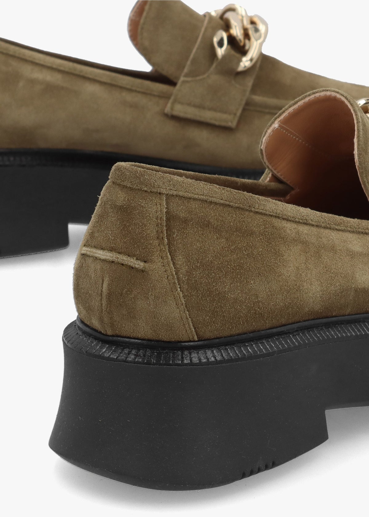Khaki Suede Chunky Link Chain Loafers