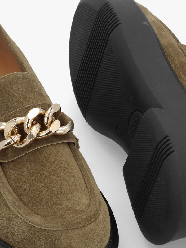 Khaki Suede Chunky Link Chain Loafers