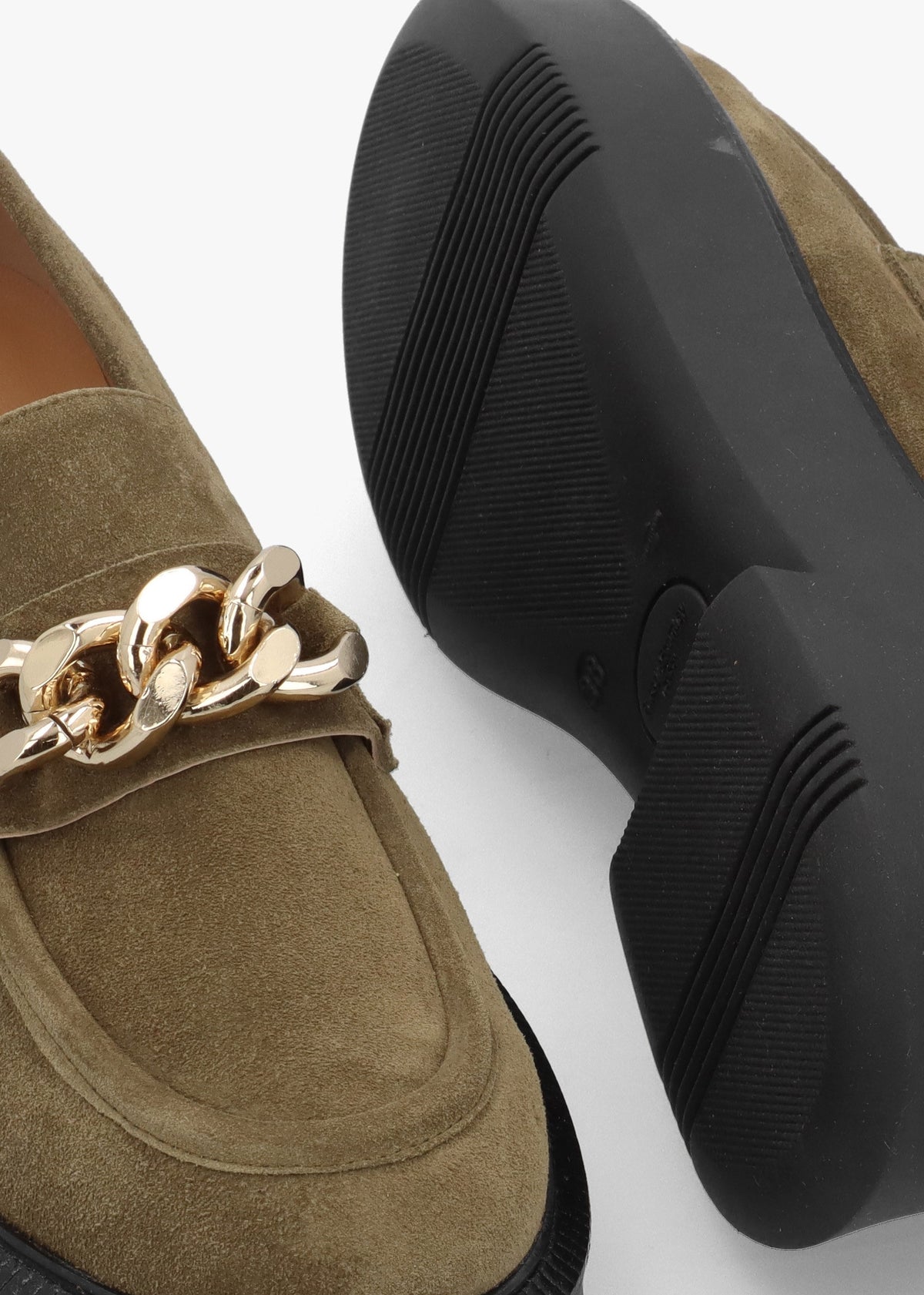 Khaki Suede Chunky Link Chain Loafers